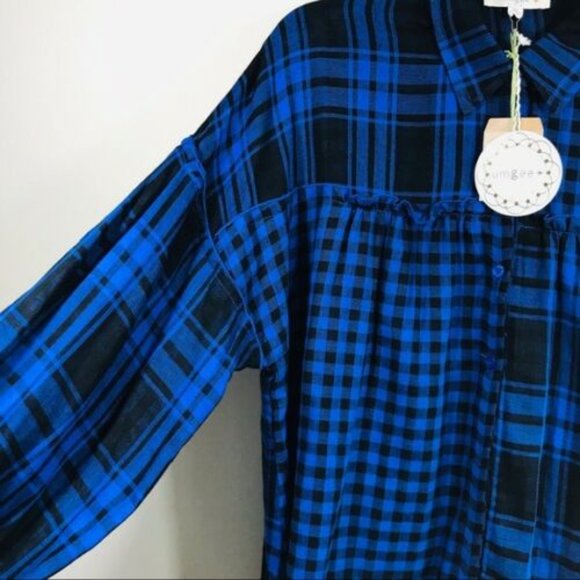 Blue Cotton Plaid Check Button Up Blouse S M L - Picture 7 of 10